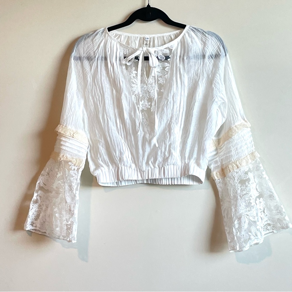 Ursime Floral Lace Top Crinkle Bell Sleeve Fairycore Boho Sz S